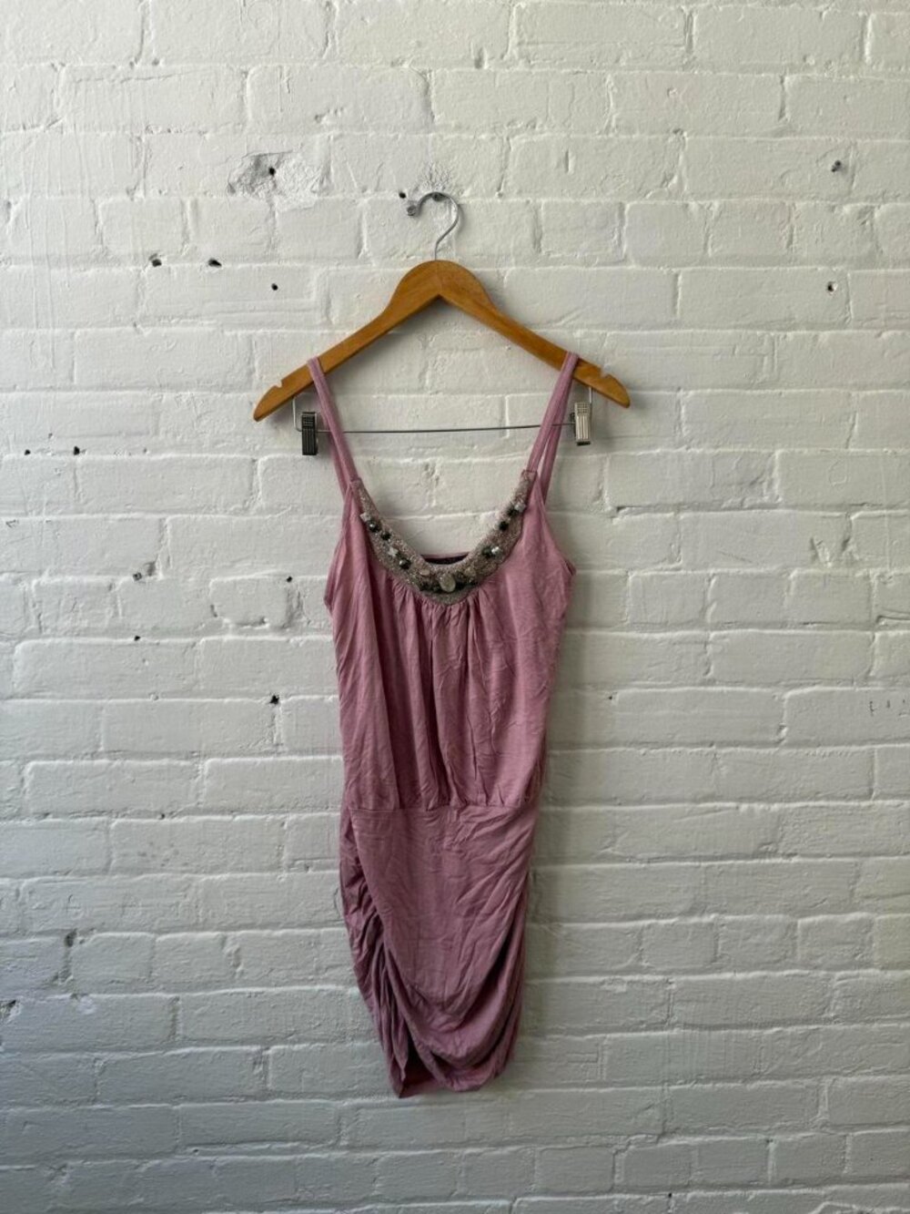 Y2K Pink Ruched Mini Dress Beaded Rhinestone Bodycon (S) - Picture 6 of 8